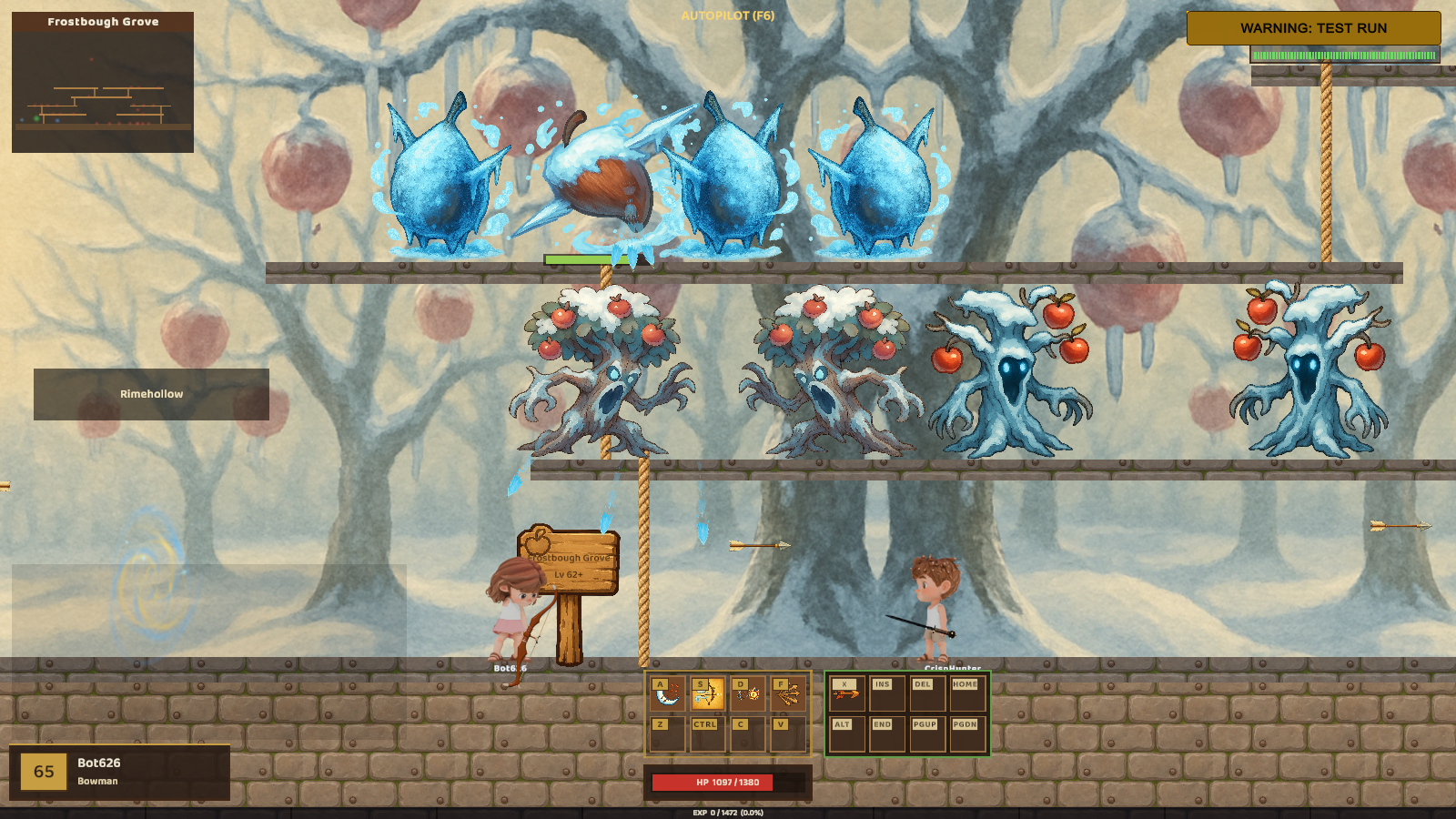 Actual R2 test gameplay in Frostbough Grove, with snowy trees, monsters, platforms and the game's HUD